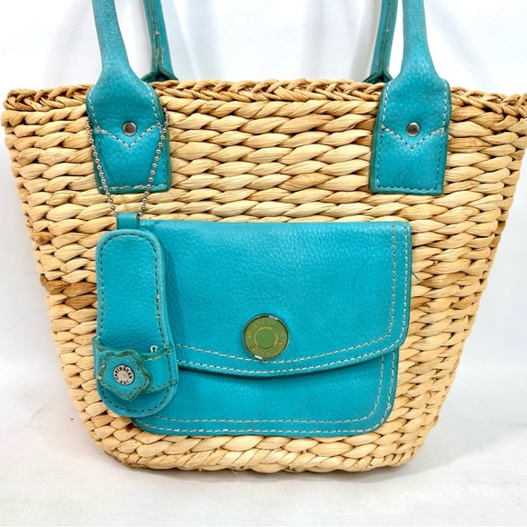 Caribbean Joe Straw Wicker Bag with Turquoise Leather Accents - Picture 2 of 11
